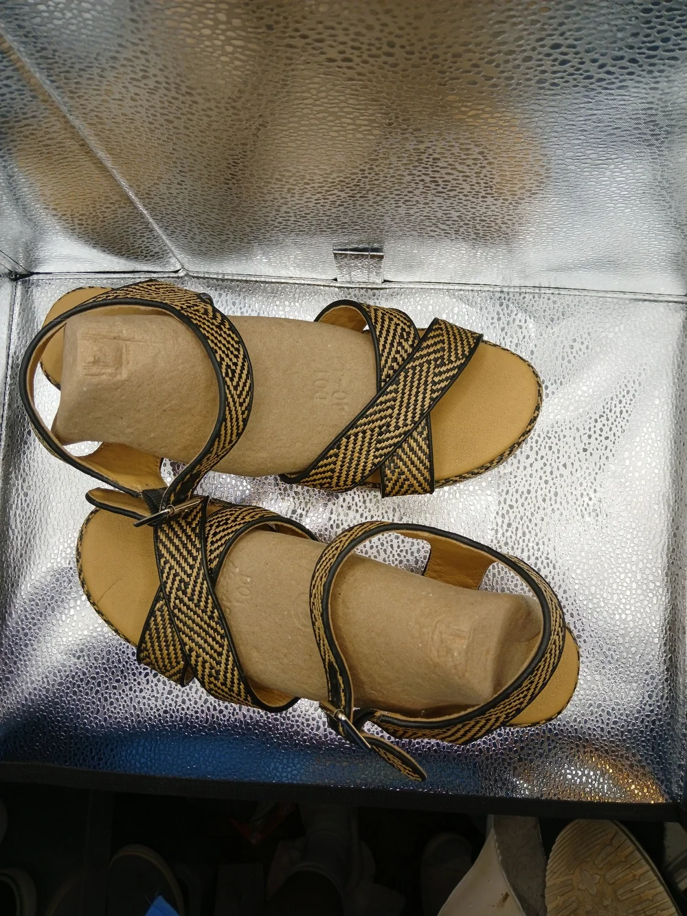 Woven Crisscross Platform Sandals in Black and Tan - Women's Summer Wedges